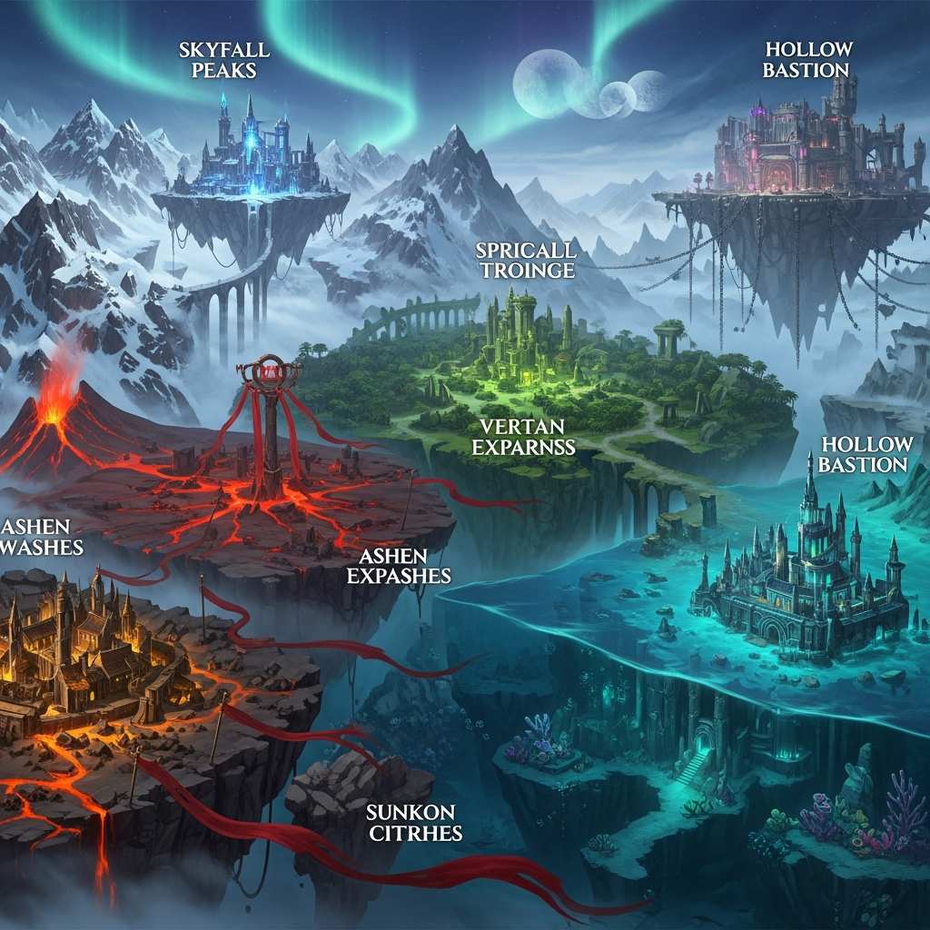 Cinematic landscape of Eldoria – the world of Luckygem
